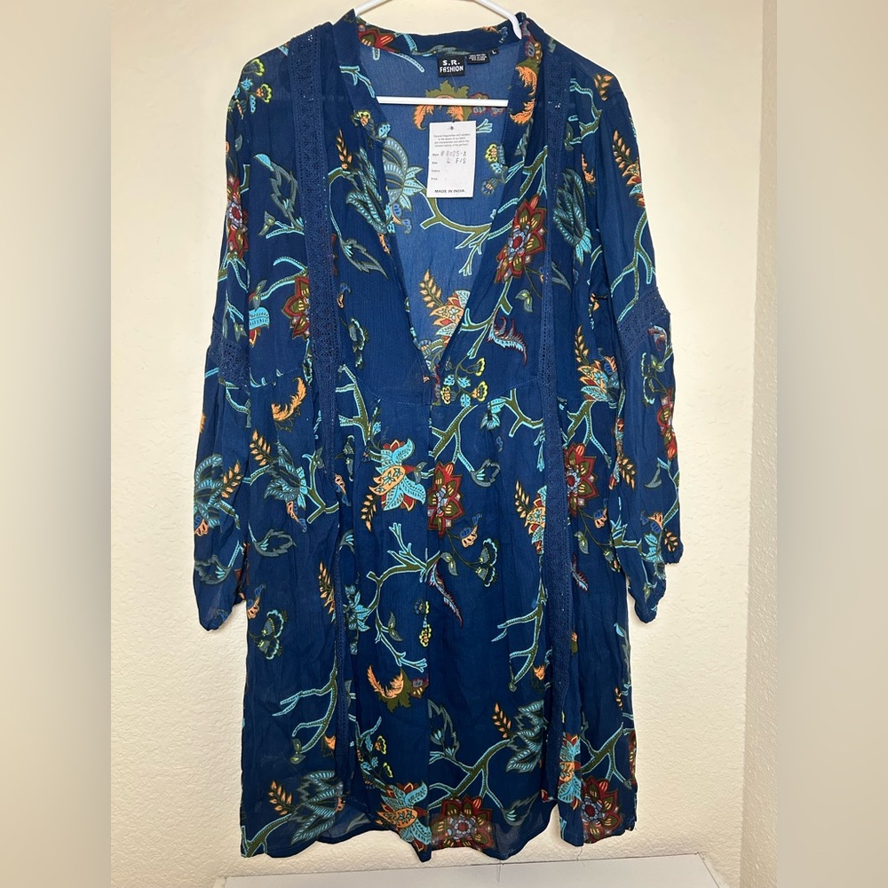 SR Fashion Blue Floral Country Long Sleeve Sheer Women’s Dress Large Lace  New W